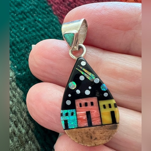 ❤️ Signed Galaxy Pueblo 925 Navajo “RD” Celestial Inlaid Pendant Native American - Picture 8 of 10